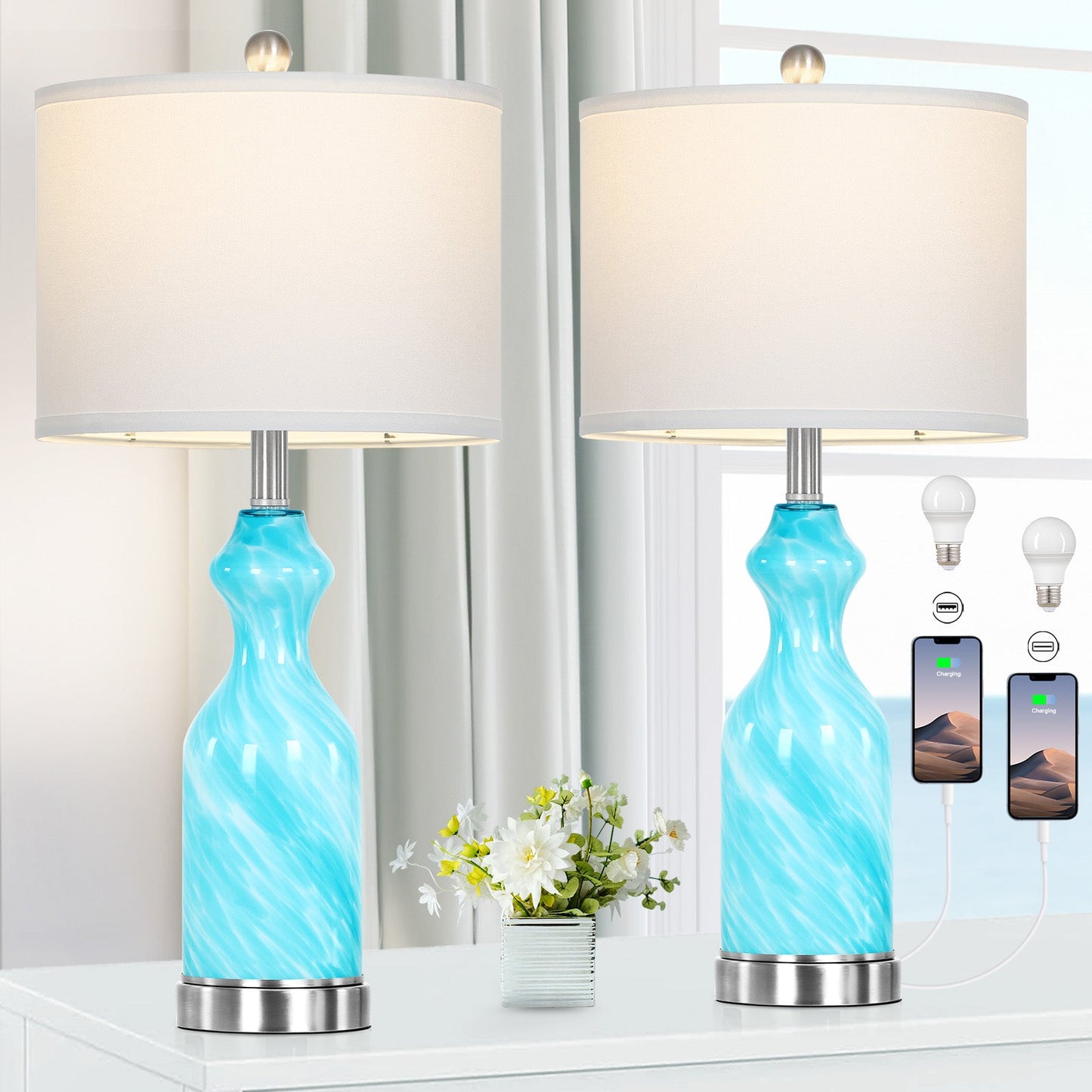2-in-1 Blue Glass Table Lamp with Nightlight Function and Equipped with USB and Type-C Charging Ports (Set of 2)