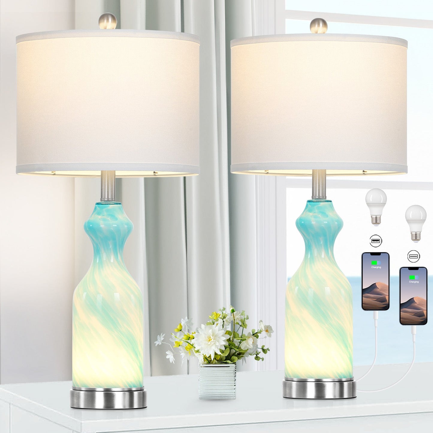2-in-1 Blue Glass Table Lamp with Nightlight Function and Equipped with USB and Type-C Charging Ports (Set of 2)
