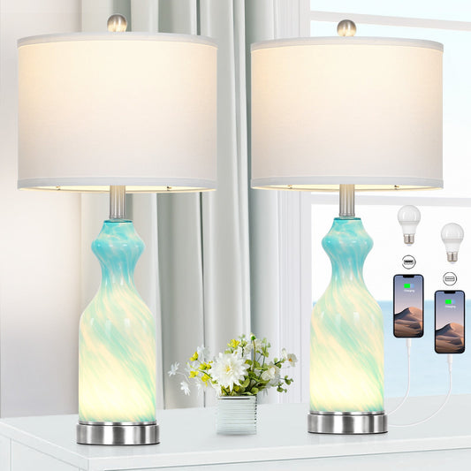 2-in-1 Blue Glass Table Lamp with Nightlight Function and Equipped with USB and Type-C Charging Ports (Set of 2)