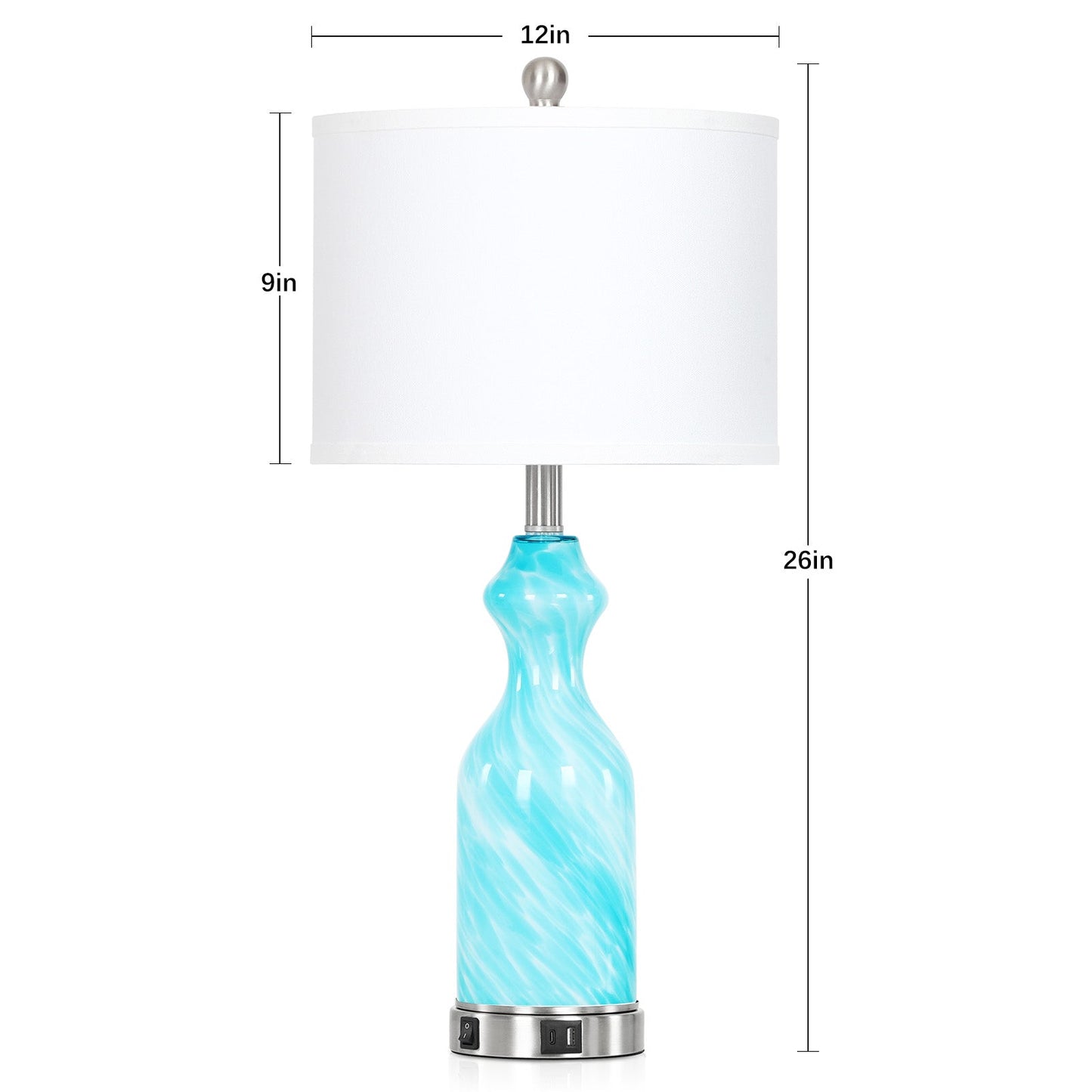 2-in-1 Blue Glass Table Lamp with Nightlight Function and Equipped with USB and Type-C Charging Ports (Set of 2)