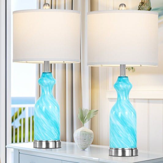 2-in-1 Blue Glass Table Lamp with Nightlight Function and Equipped with USB and Type-C Charging Ports (Set of 2)