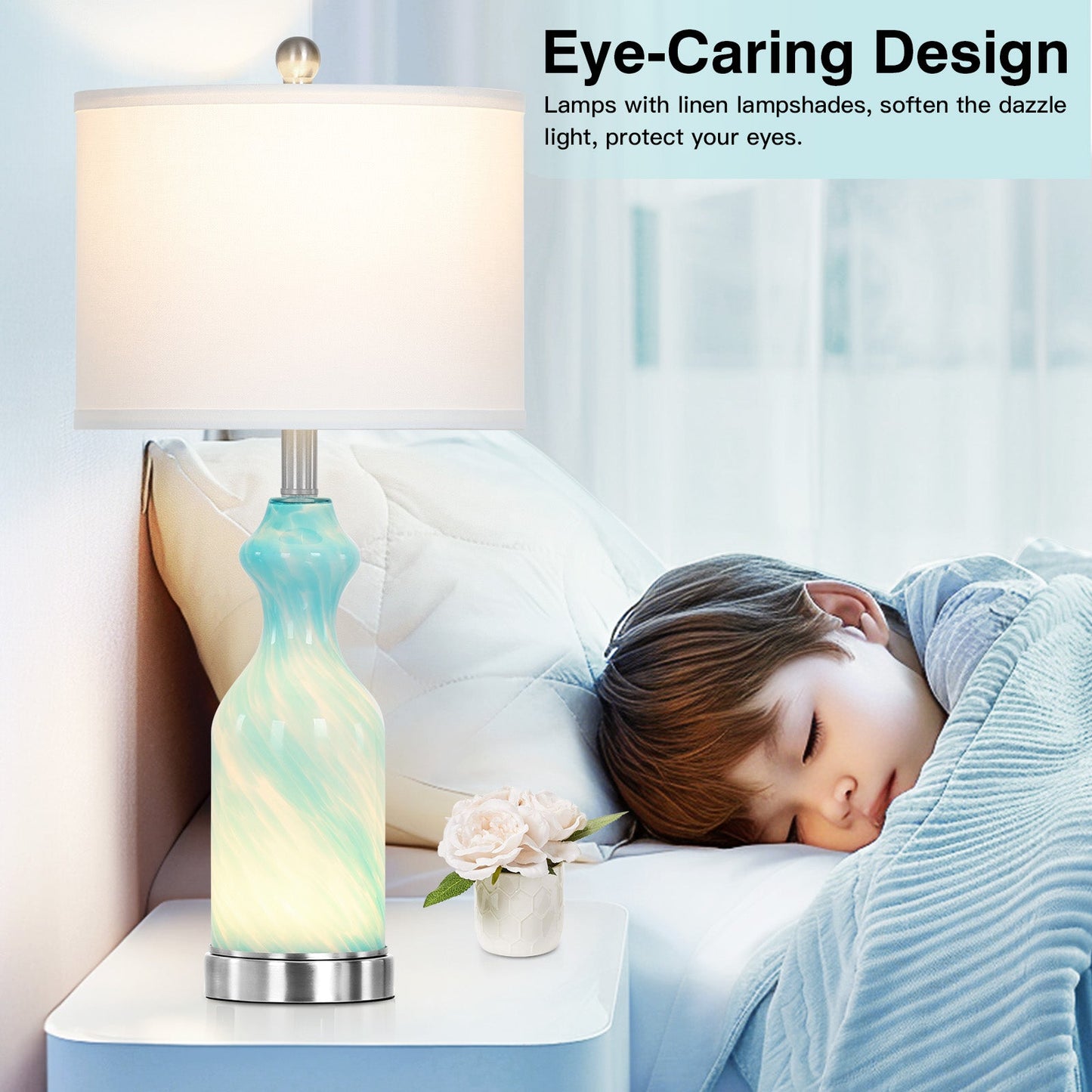 2-in-1 Blue Glass Table Lamp with Nightlight Function and Equipped with USB and Type-C Charging Ports (Set of 2)