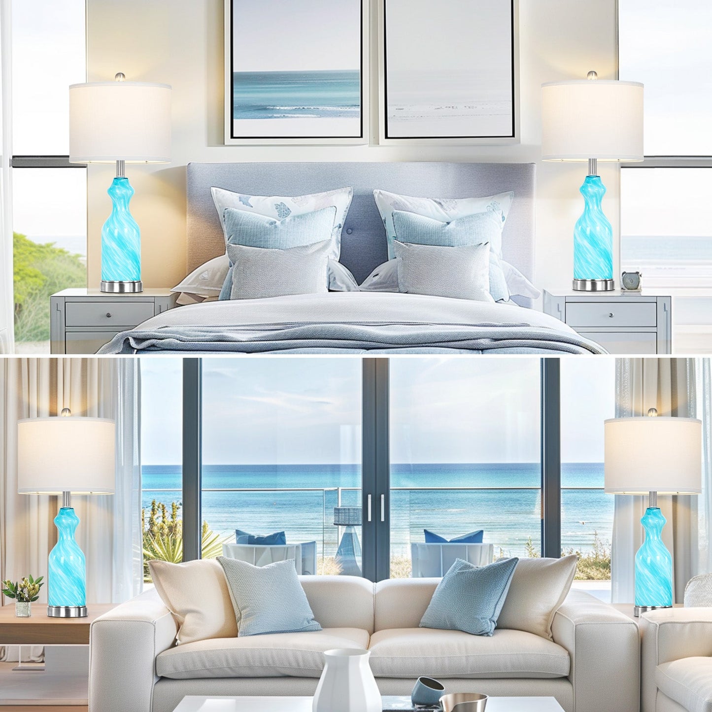2-in-1 Blue Glass Table Lamp with Nightlight Function and Equipped with USB and Type-C Charging Ports (Set of 2)