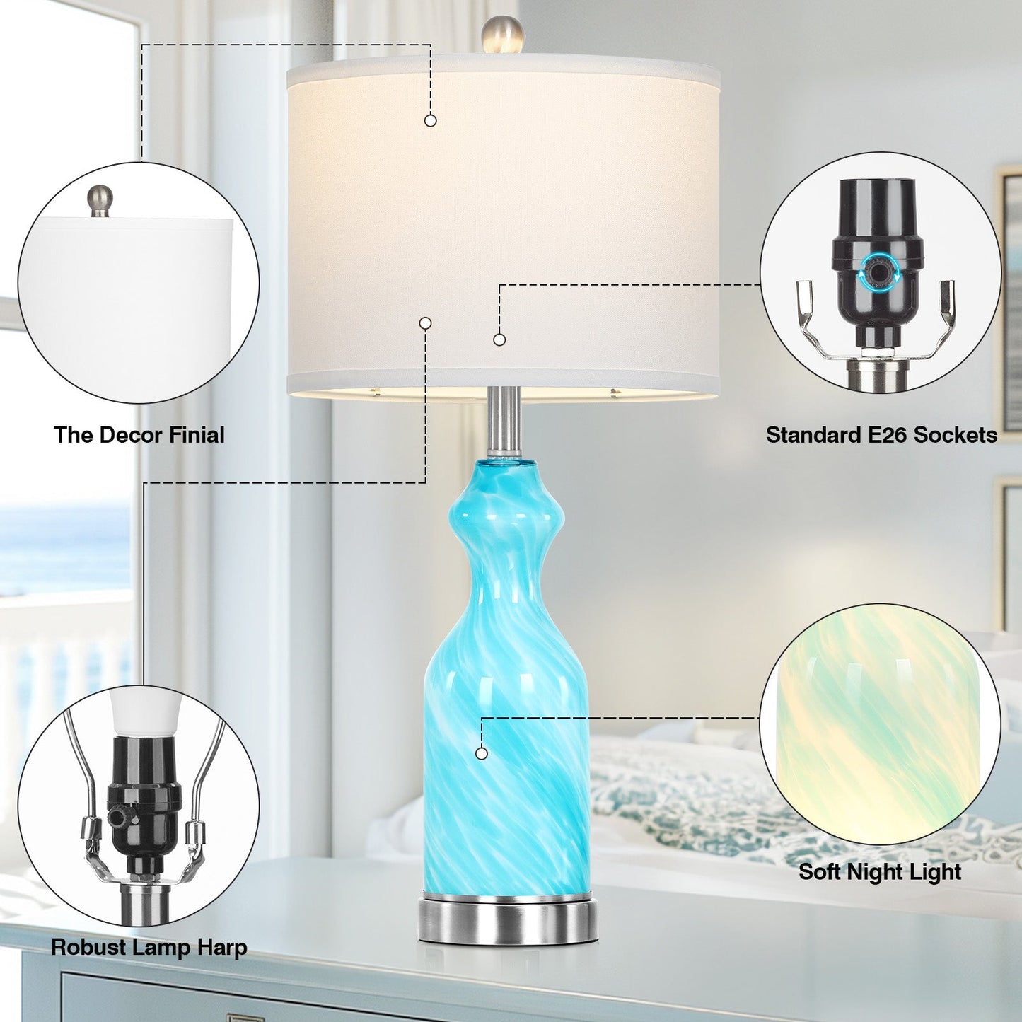 2-in-1 Blue Glass Table Lamp with Nightlight Function and Equipped with USB and Type-C Charging Ports (Set of 2)