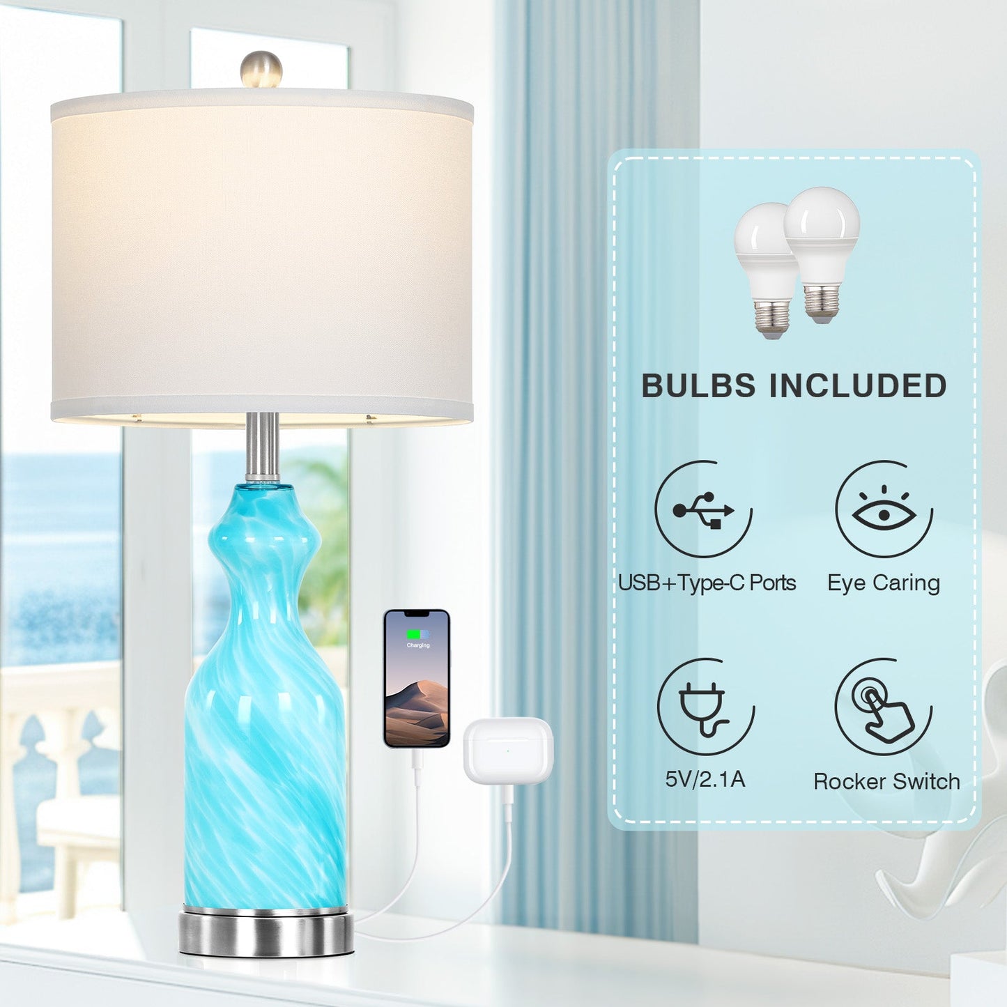 2-in-1 Blue Glass Table Lamp with Nightlight Function and Equipped with USB and Type-C Charging Ports (Set of 2)
