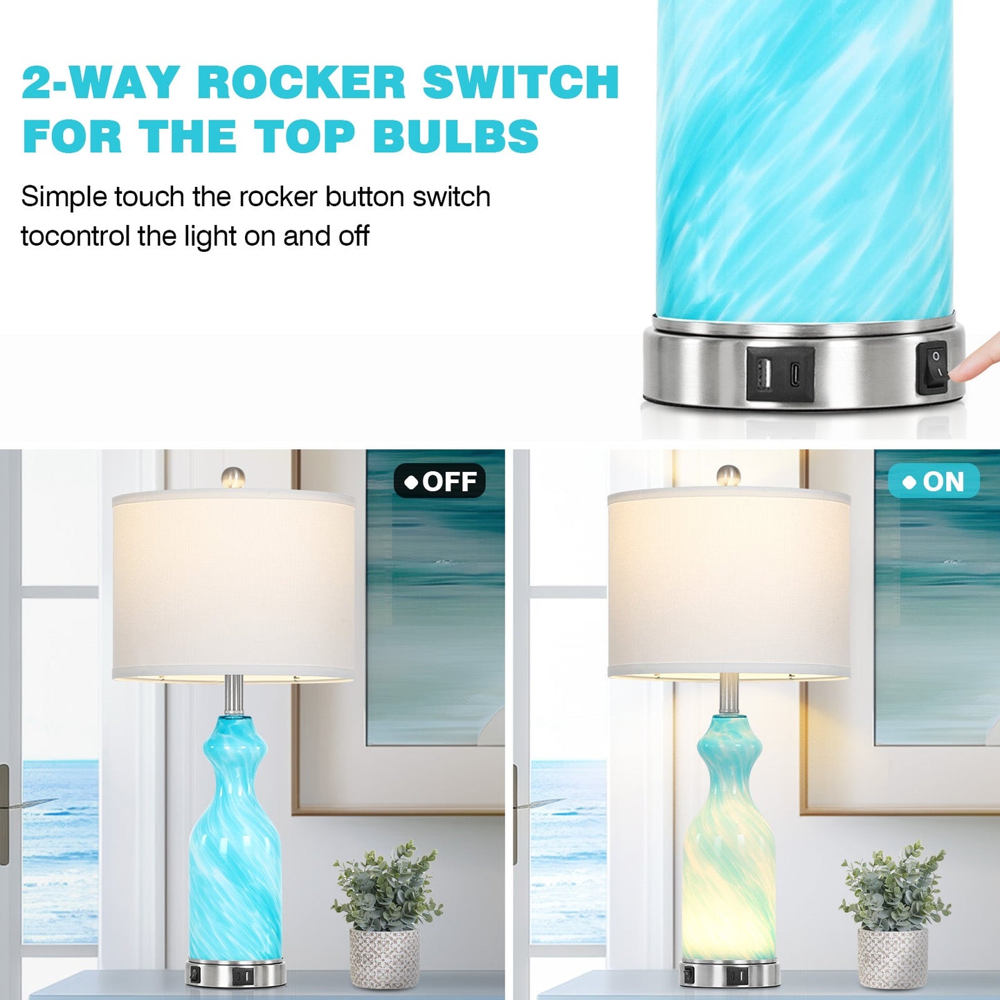 2-in-1 Blue Glass Table Lamp with Nightlight Function and Equipped with USB and Type-C Charging Ports (Set of 2)