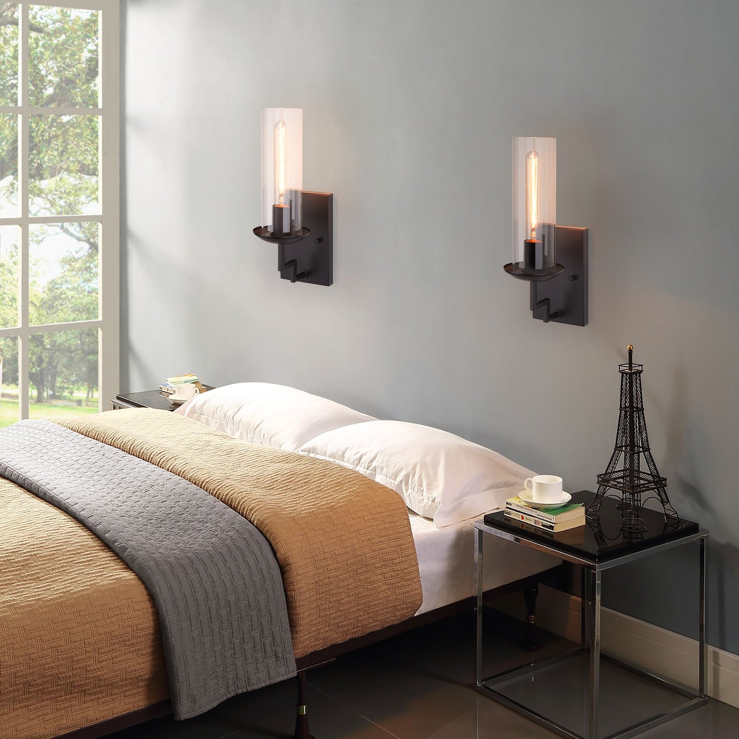 Wall Sconces Black Base Cylinder Glass Shade