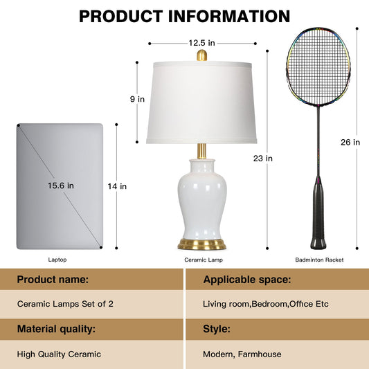 23'' White Ceramic Ginger Jar Table Lamp with White Fabric Shade and LED Bulb