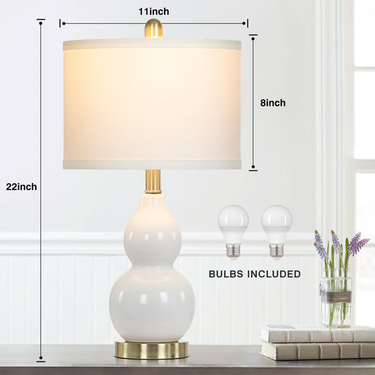 White Ceramic Bedside Lamps Gourd Lamp Holder Drum Shade (Set of 2)