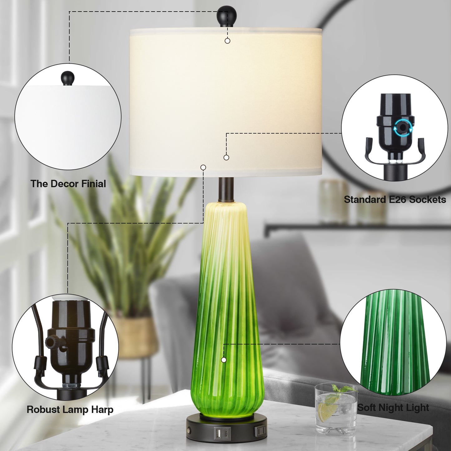 2-in-1 Table Lamps Nightlight in Glass with Green Ripple Style and Rotary Switch & Touch Switch (Set of 2)
