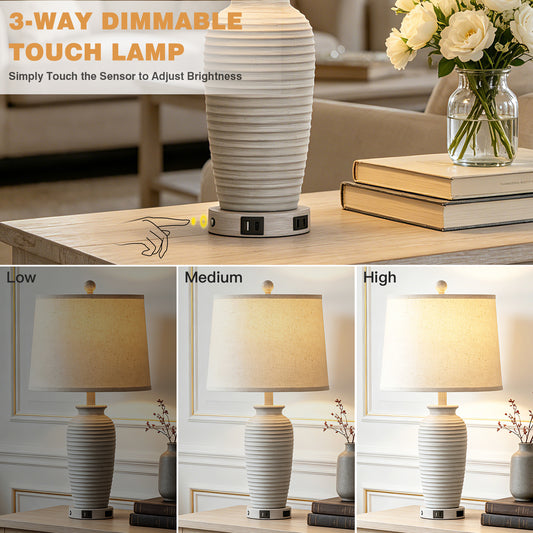 Cinkeda 25" Touch Control Table Lamp, Light Gray Resin Jar Body with Oatmeal Linen Shade, USB-C & AC Outlet, 3-Level Dimmable, Dimmable LED Bulb Included for Bedroom