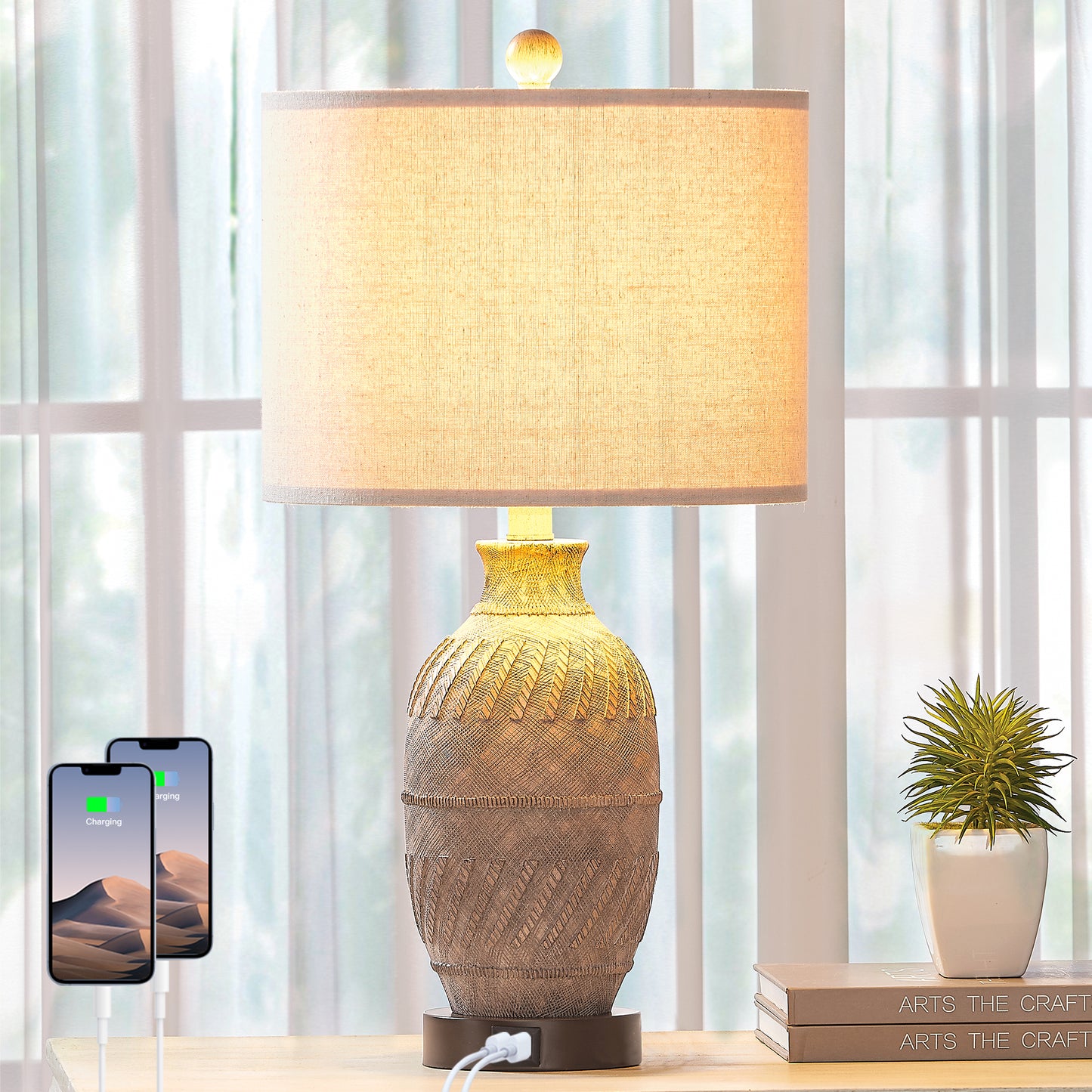 Cinkeda Table Lamp Grey Resin 3-Way Touch Dimming USB Ports
