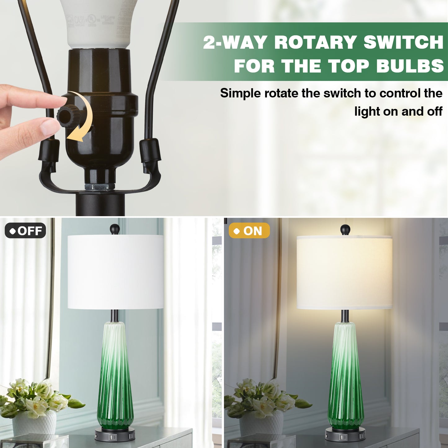 2-in-1 Table Lamps Nightlight in Glass with Green Ripple Style and Rotary Switch & Touch Switch (Set of 2)