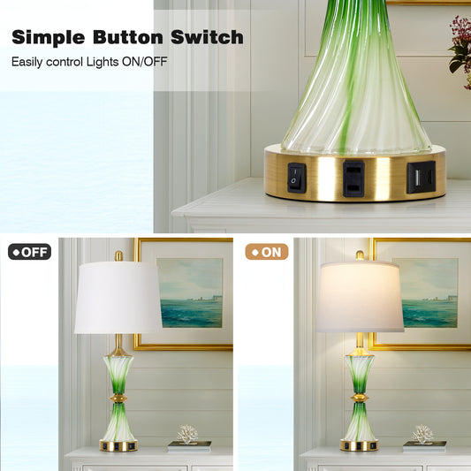 Cinkeda 27" Green Glass Table Lamps Set of 2 with USB-C/A Ports & AC Outlet, Silver Nickel Finish Nightstand Lamps for Bedroom Living Room, LED Bulbs Included
