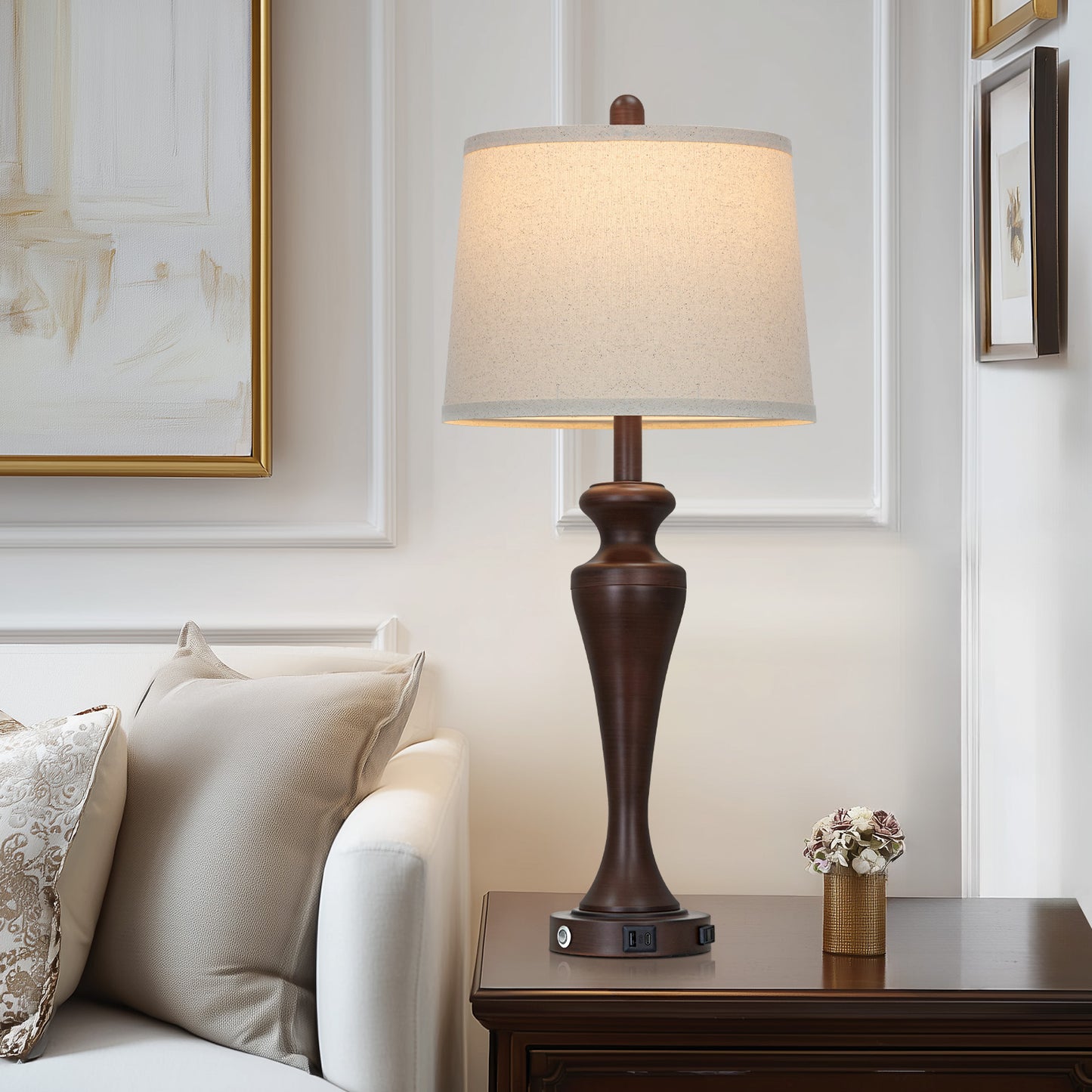 30" Classic Table Lamp, Brown Base with USB/Type-C & AC Outlet, Linen Shade, E26 Dimmable LED Bulb Included, 3-Way Touch Switch for Bedroom/Living Room(Set of 2)(副本)(副本)