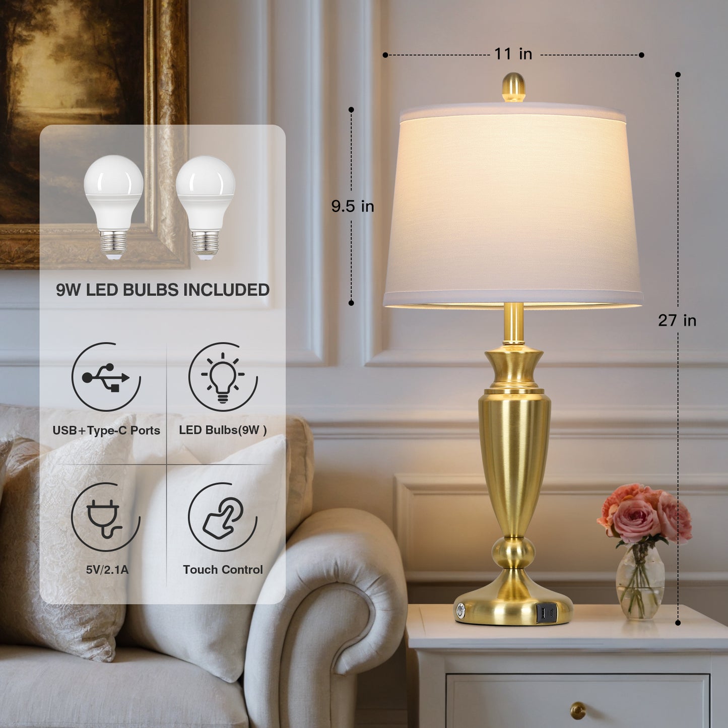 Cinkeda Table Lamps Set of 2 for Bedroom Living Room 27" Tall Gold Industrial Bedside Lamp with USB +C Charging Ports Modern 3-Way Dimmable Touch Control Nightstand Lamp