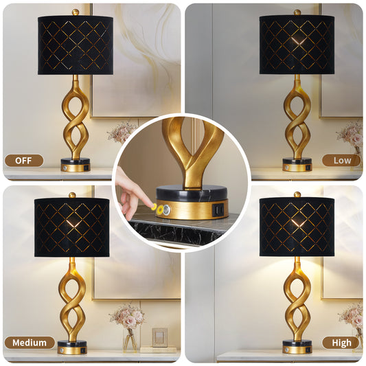 Cinkeda Modern Table Lamp Set of 2 with USB A+C Ports for Bedroom Living Room,Resin Nightstand 3-Way Dimmable Touch Bedside Lamp