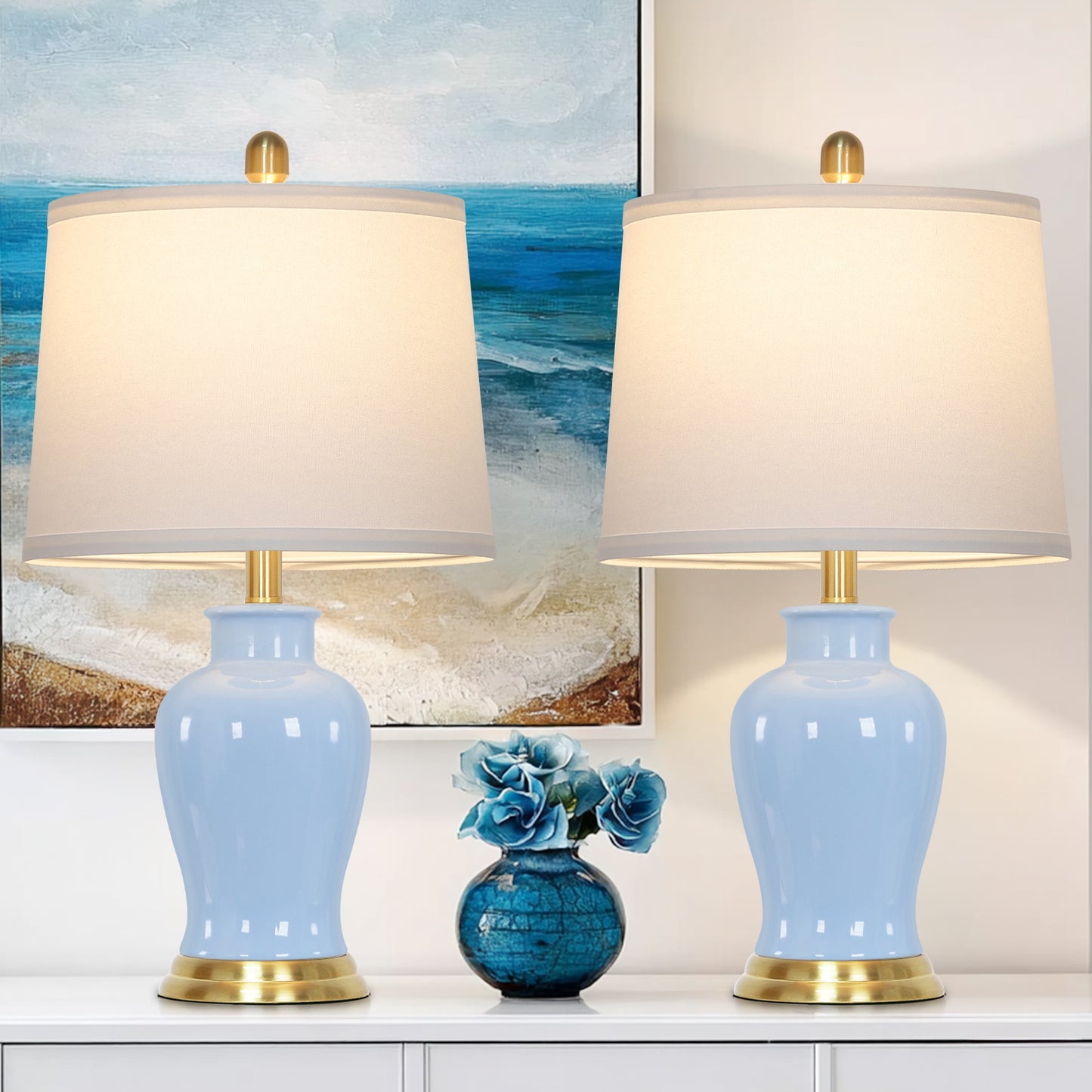 Elegant Table Lamps, Light Blue Ceramic Base & White Drum Shade, Gold Accents (Set of 2)