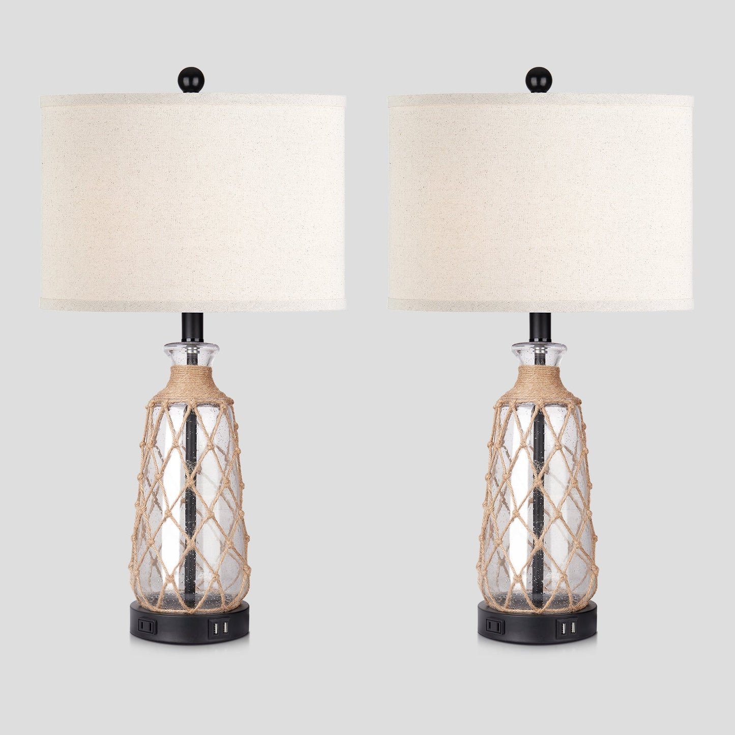 Brown glass rattan table lamp with touch dimmer, USB port and AC outlet (Set of 2)