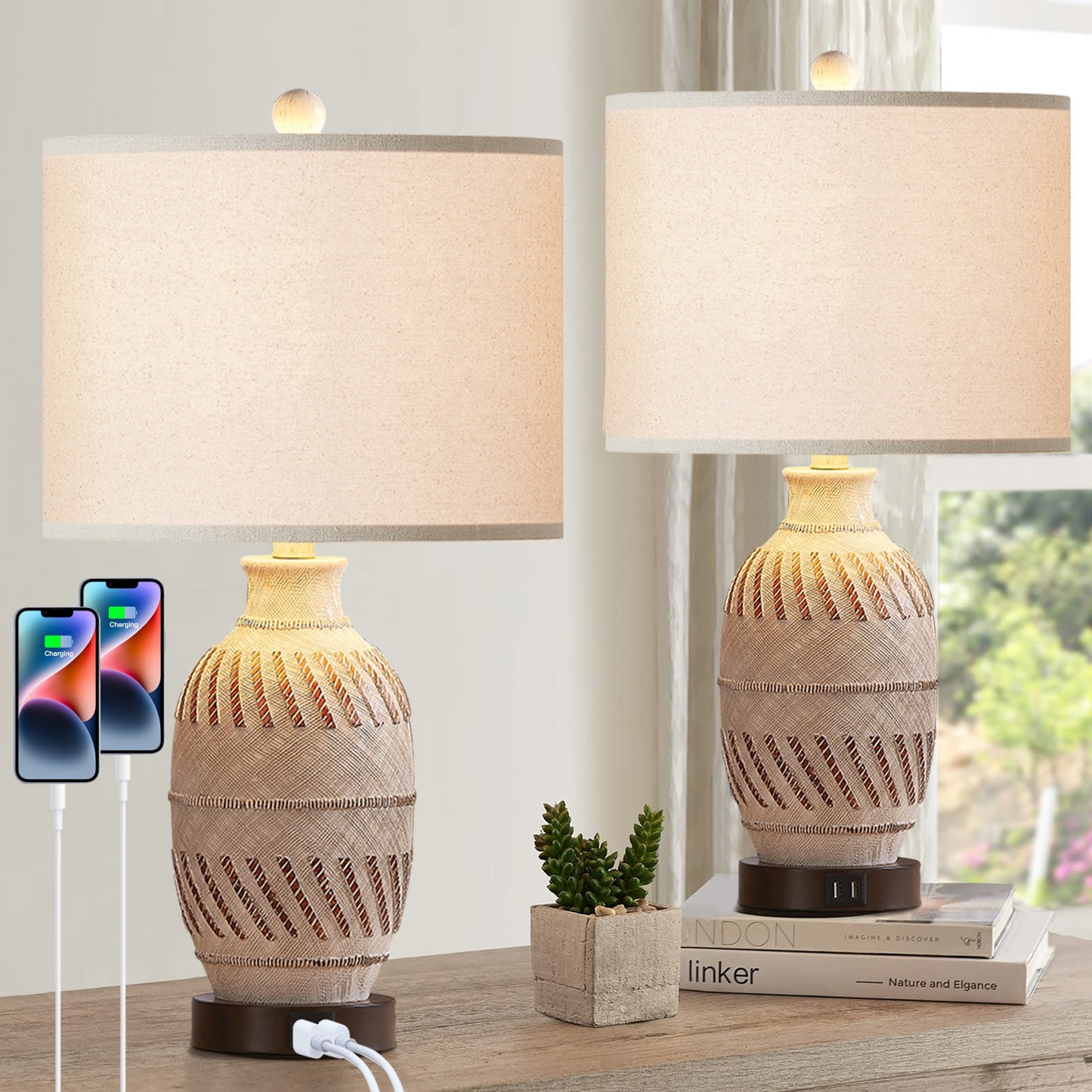 Cinkeda Table Lamp Beige Resin Carving Touch 3-Way Dimming (Set of 2)