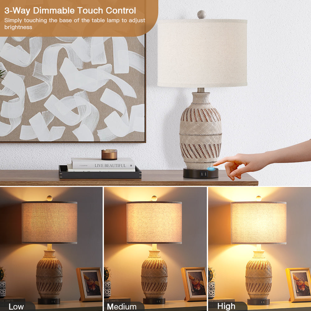 Cinkeda Table Lamp Beige Resin Carving Touch 3-Way Dimming (Set of 2)