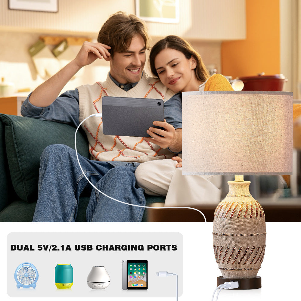 Cinkeda Table Lamp Beige Resin Carving Touch 3-Way Dimming (Set of 2)