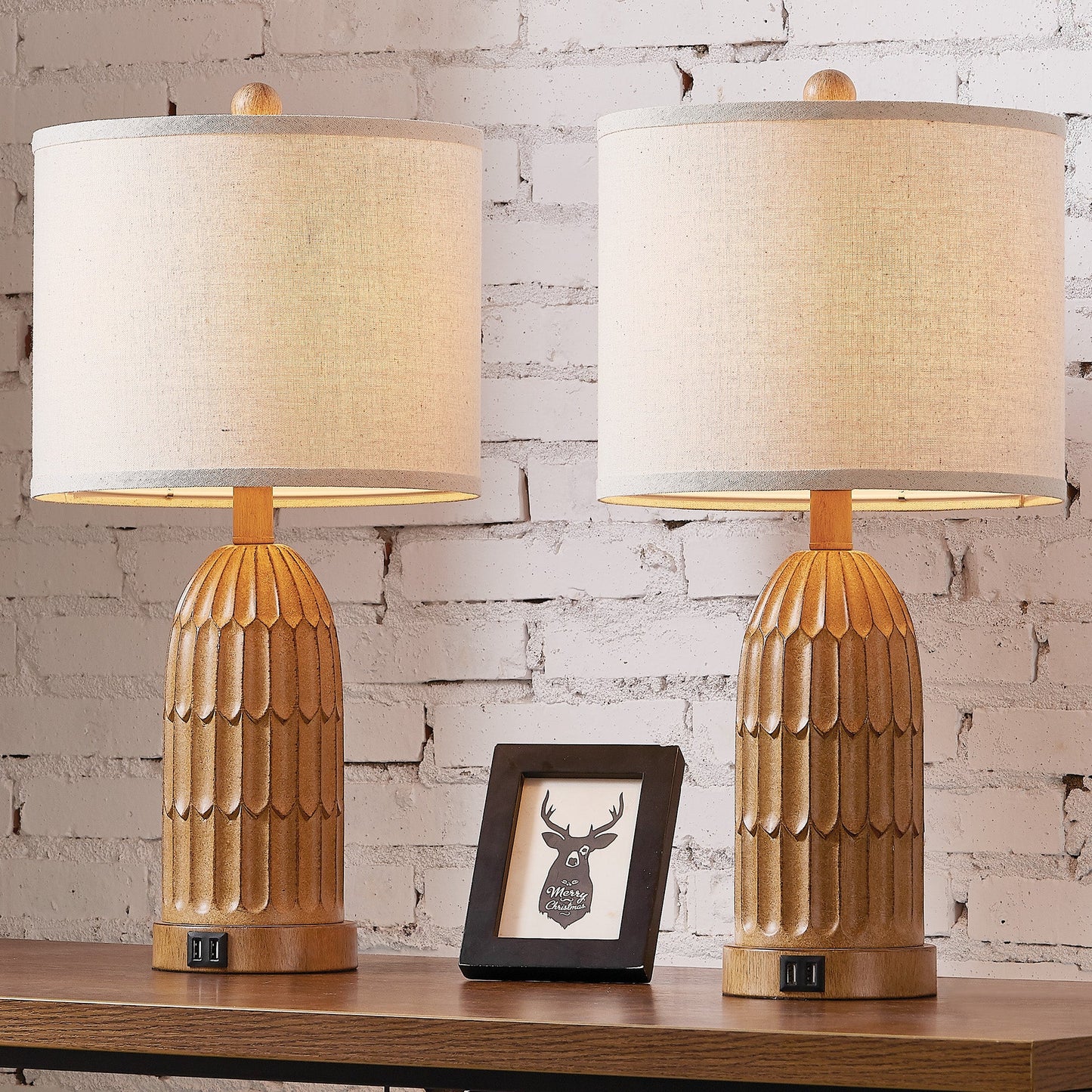 Cinkeda Table Lamp Brown Resin 3-Way Dimming (Set of 2)
