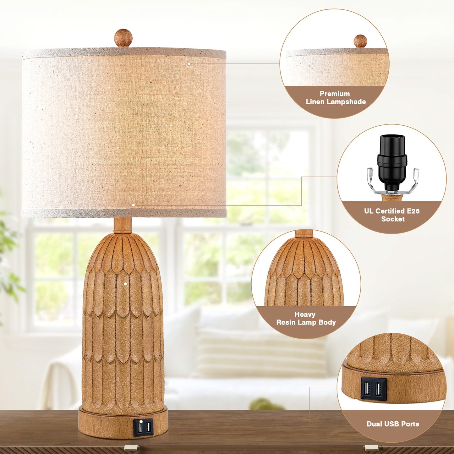 Cinkeda Table Lamp Brown Resin 3-Way Dimming (Set of 2)