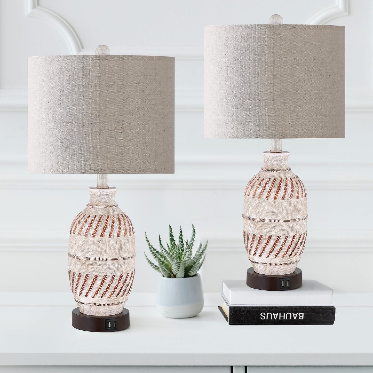 Cinkeda Table Lamp Beige Resin Touch Dimming 2 USB Ports