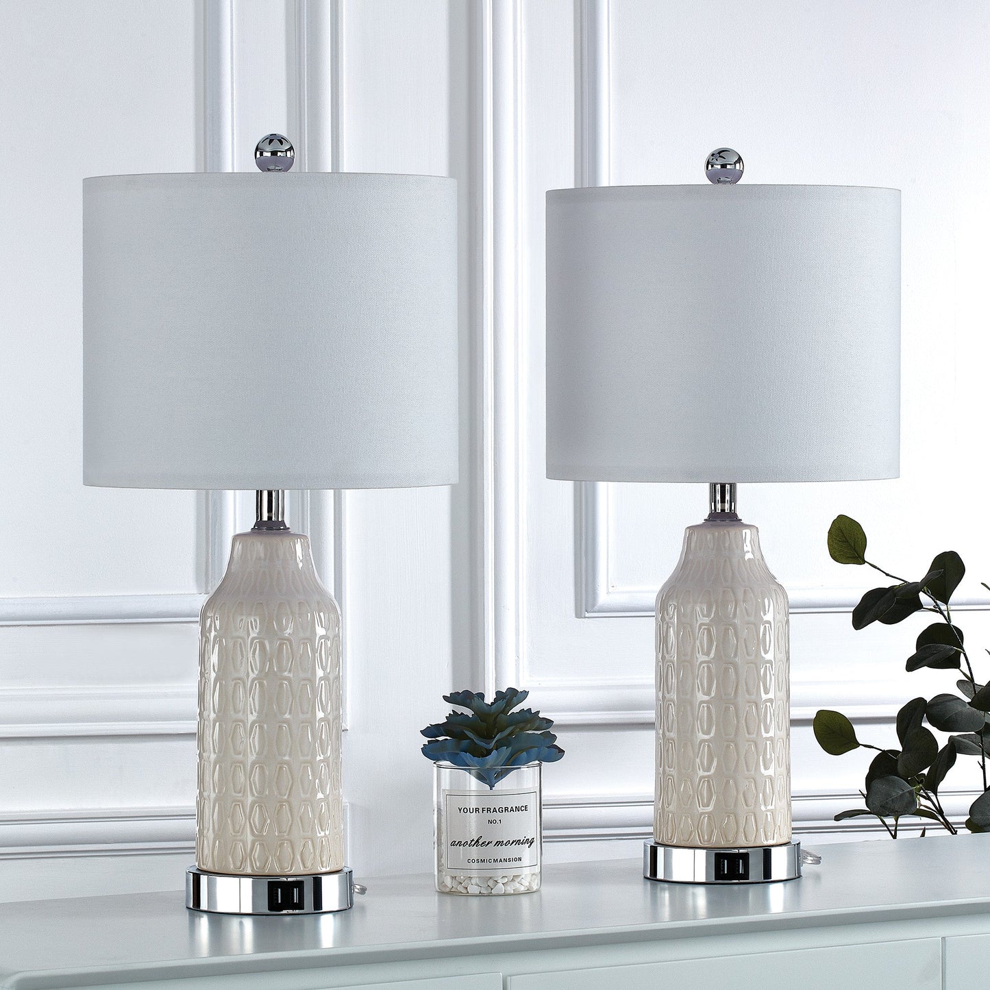 Table Lamps White Ceramic Touch Dimming USB Port AC Outlet(Set of 2)