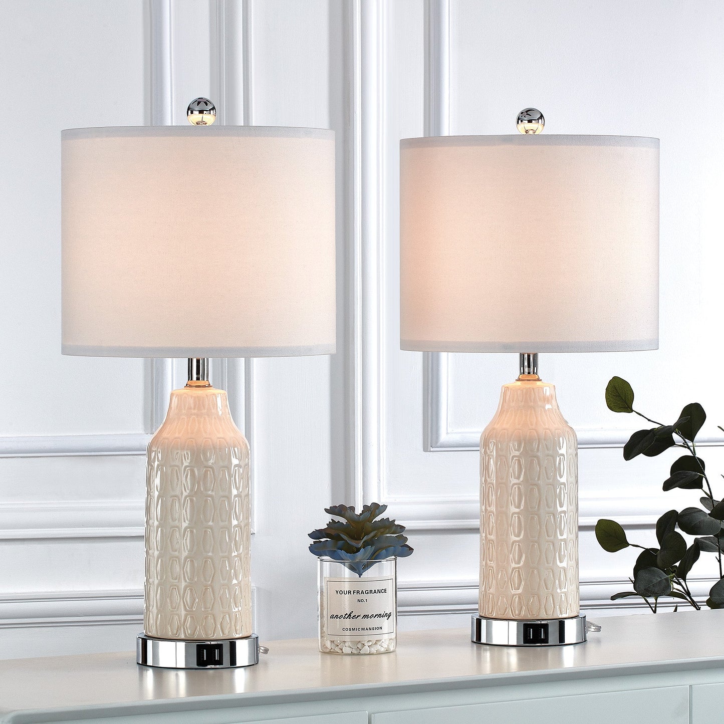 Table Lamps White Ceramic Touch Dimming USB Port AC Outlet(Set of 2)