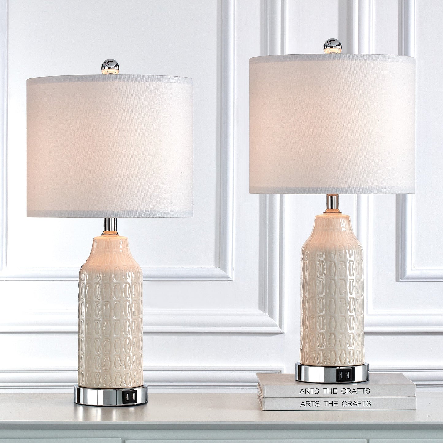 Table Lamps White Ceramic Touch Dimming USB Port AC Outlet(Set of 2)
