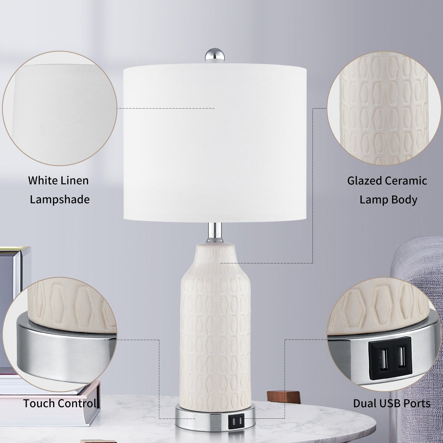 Table Lamps White Ceramic Touch Dimming USB Port AC Outlet(Set of 2)