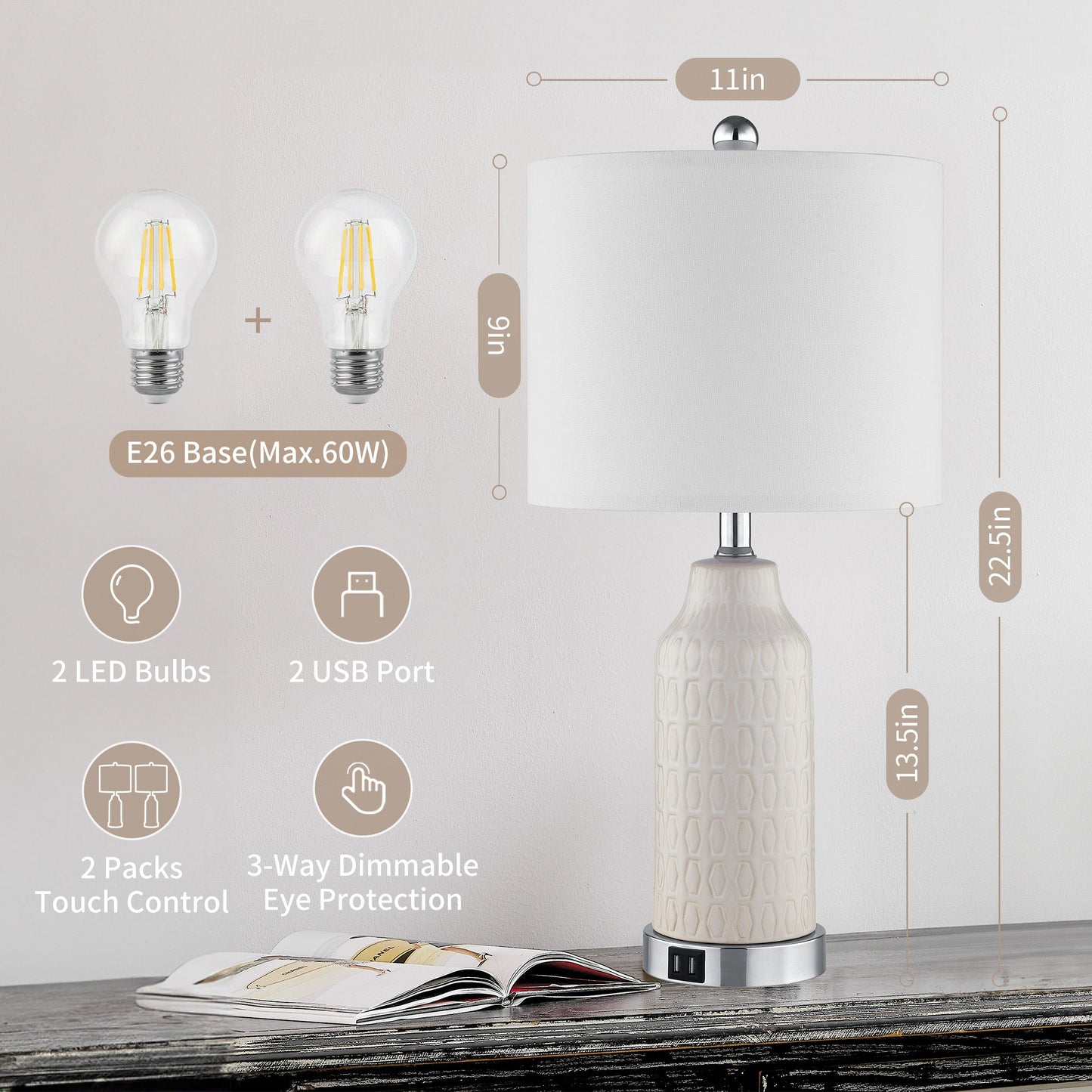 Table Lamps White Ceramic Touch Dimming USB Port AC Outlet(Set of 2)