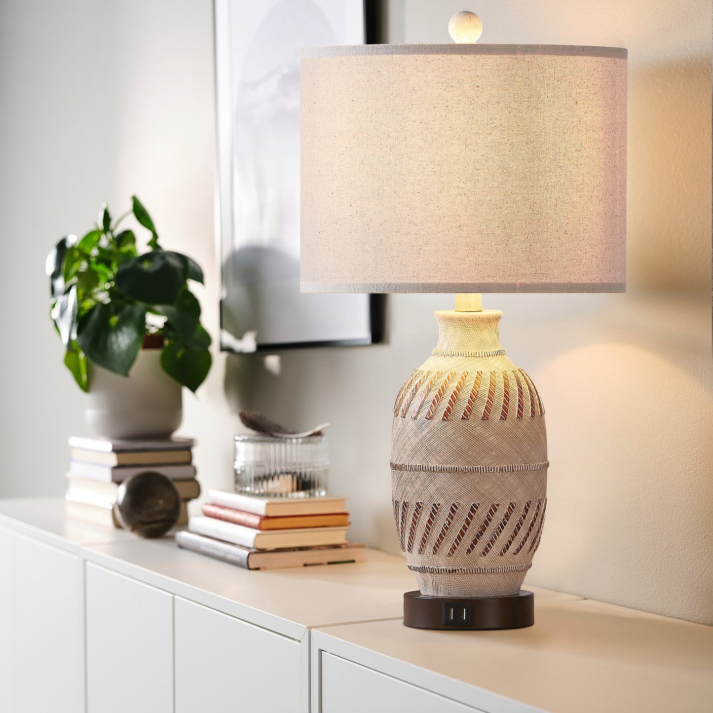 Cinkeda Table Lamp Beige Resin Touch Dimming 2 USB Ports