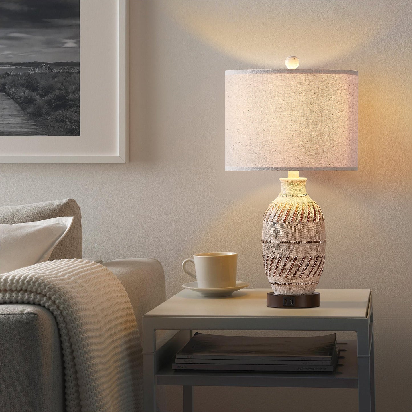 Cinkeda Table Lamp Beige Resin Touch Dimming 2 USB Ports