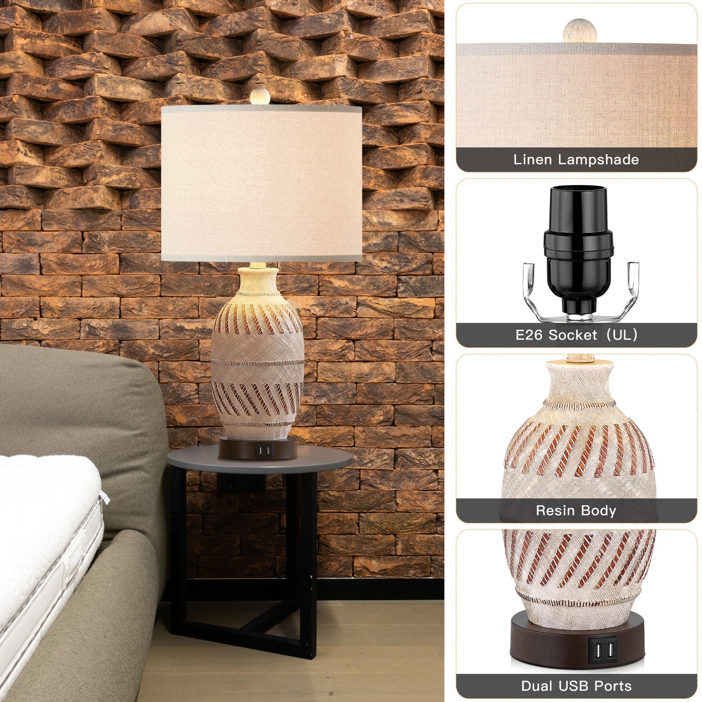 Cinkeda Table Lamp Beige Resin Touch Dimming 2 USB Ports