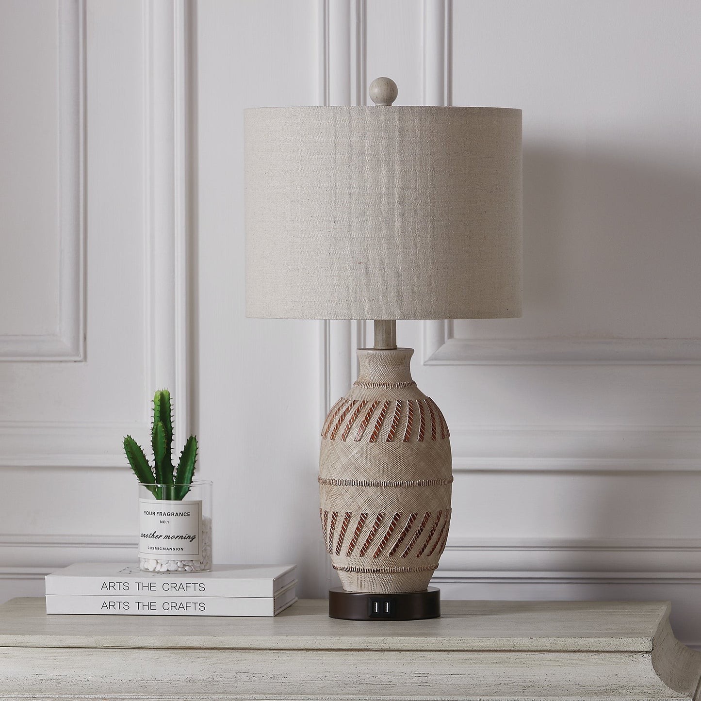 Cinkeda Table Lamp Beige Resin Touch Dimming 2 USB Ports