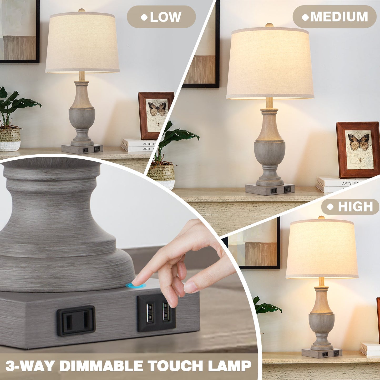 Cinkeda Table Lamp Gray Resin USB Port & AC Outlet (Set of 2)