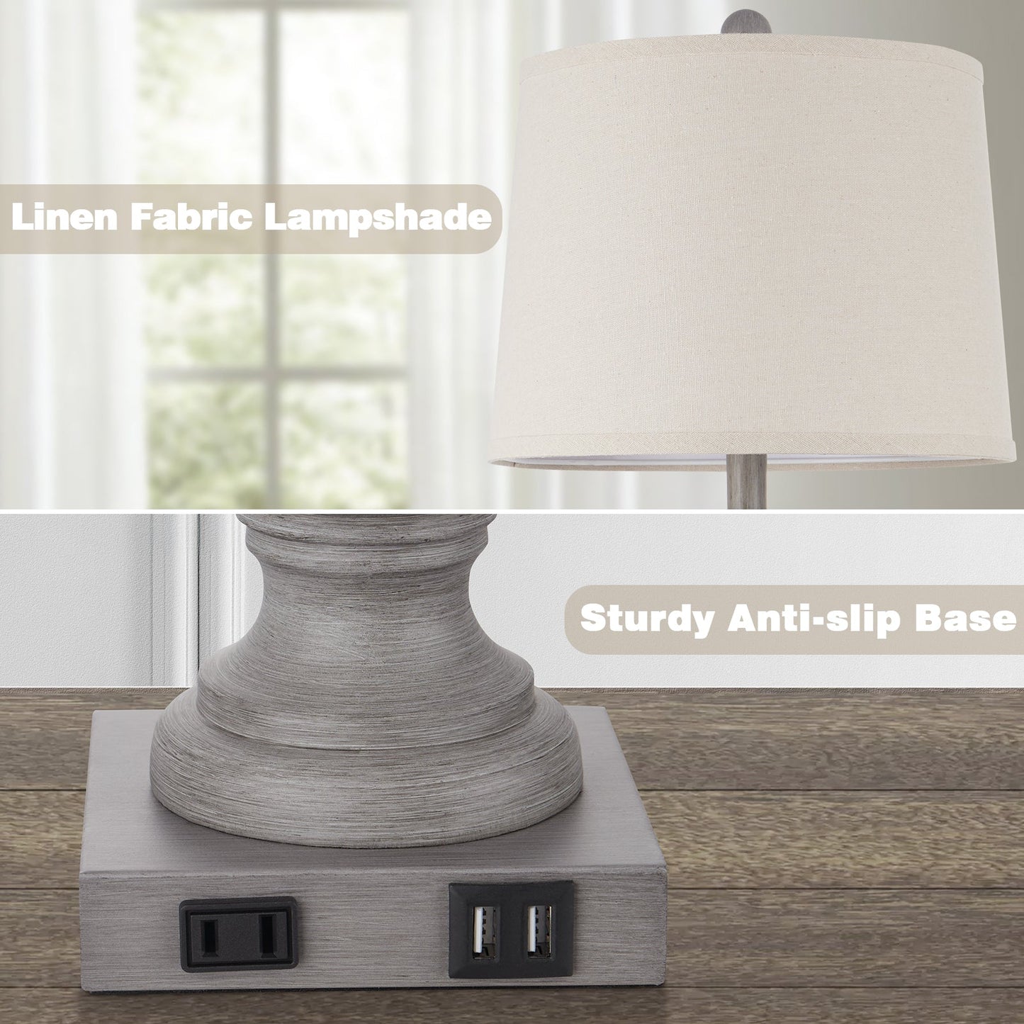 Cinkeda Table Lamp Gray Resin USB Port & AC Outlet (Set of 2)