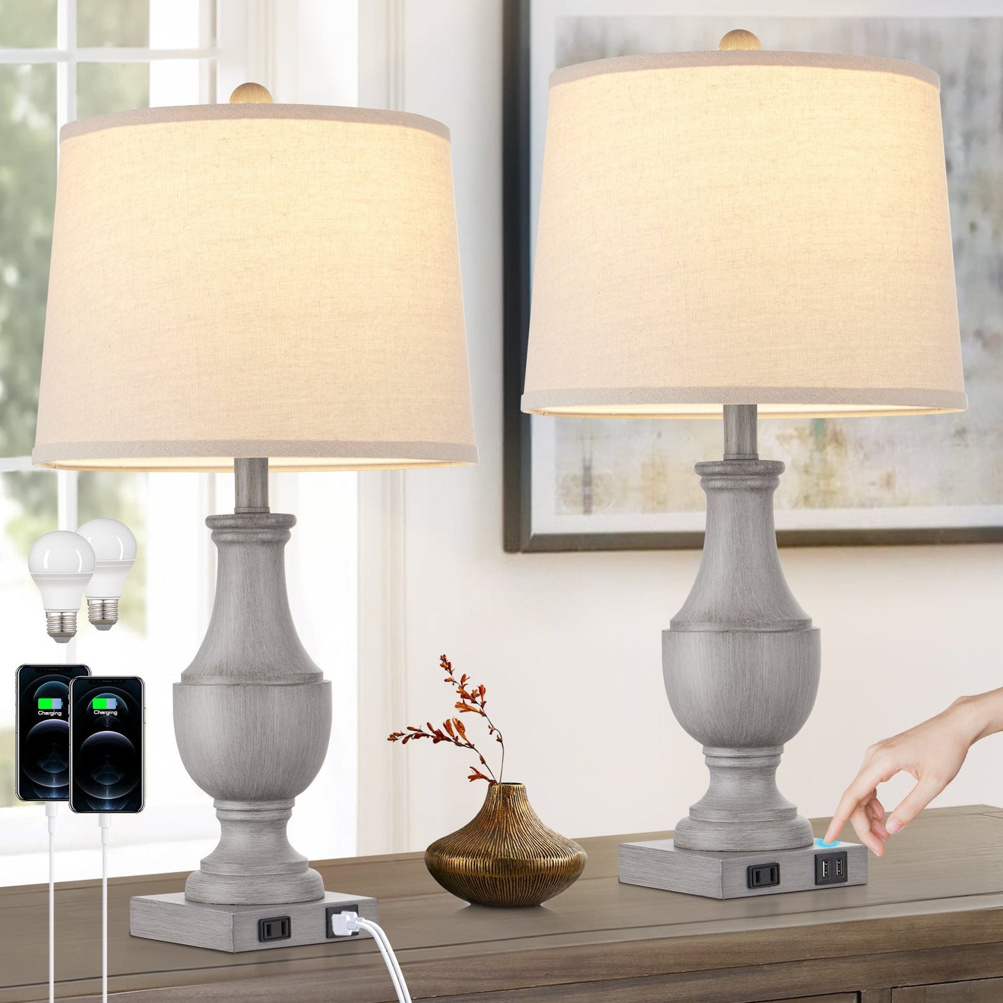 Cinkeda Table Lamp Gray Resin USB Port & AC Outlet (Set of 2)