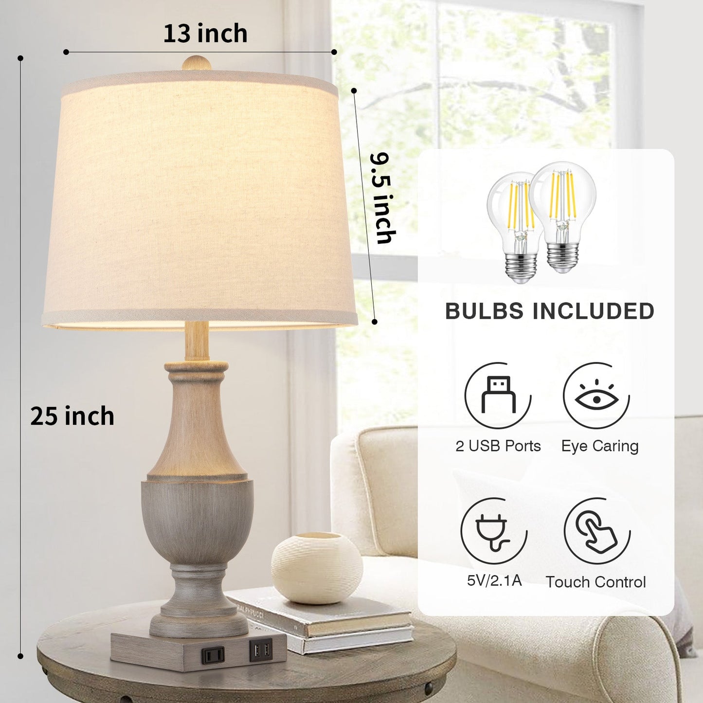 Cinkeda Table Lamp Gray Resin USB Port & AC Outlet (Set of 2)