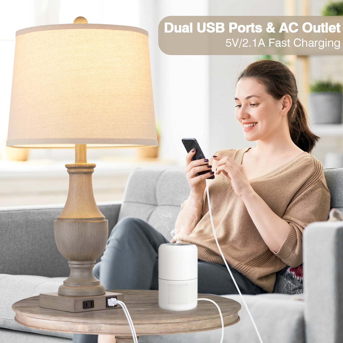 Cinkeda Table Lamp Gray Resin USB Port & AC Outlet (Set of 2)