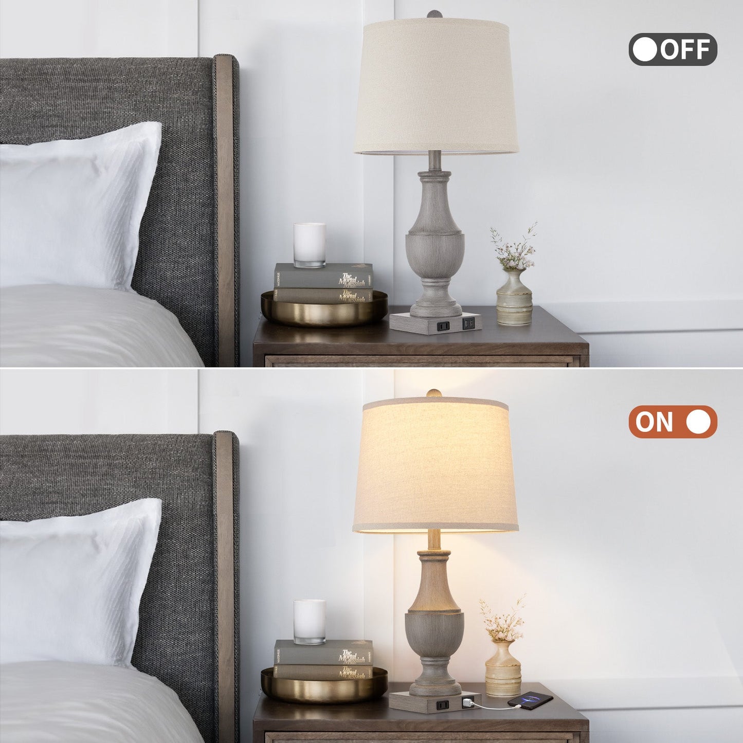 Cinkeda Table Lamp Gray Resin USB Port & AC Outlet (Set of 2)