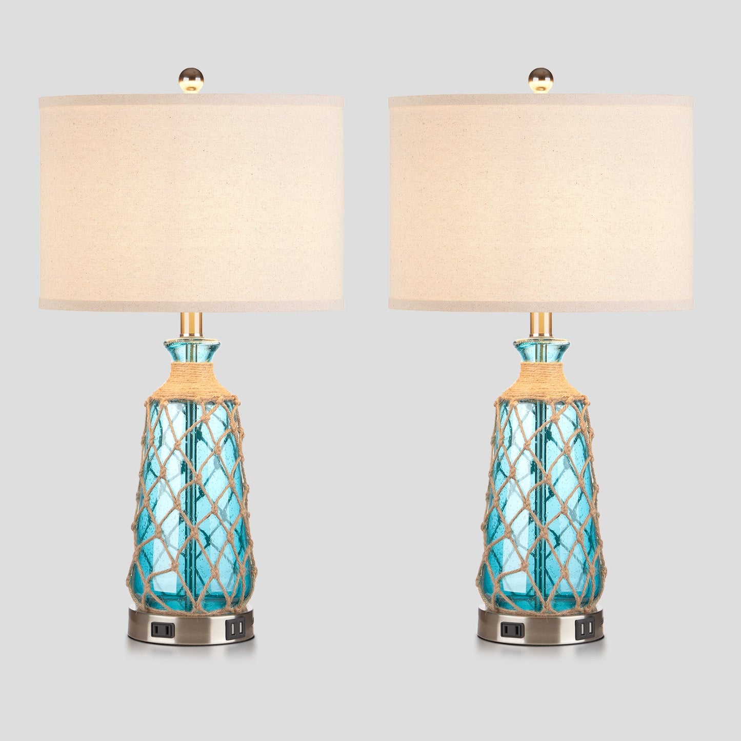 Blue Glass Rattan Table Lamp with 3-Way Dimming, USB Port and AC Outlet (Set of 2)