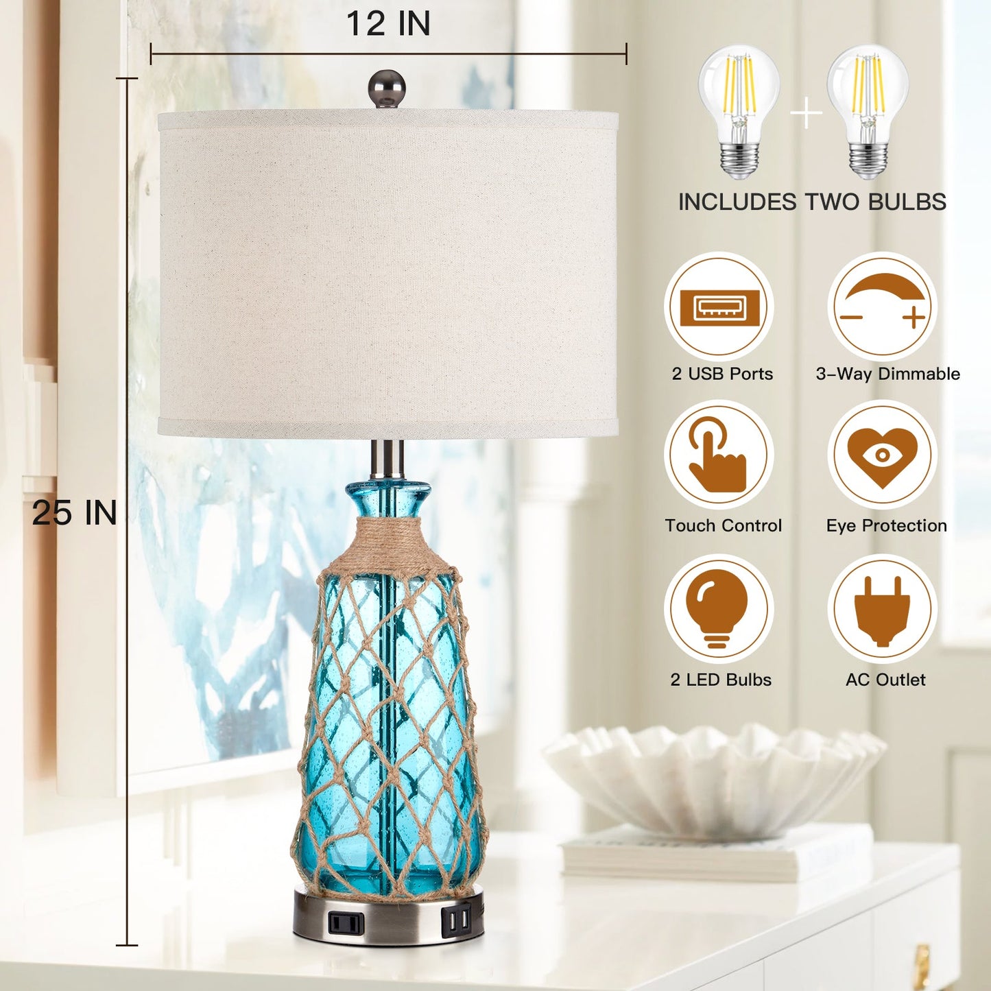 Blue Glass Rattan Table Lamp with 3-Way Dimming, USB Port and AC Outlet (Set of 2)
