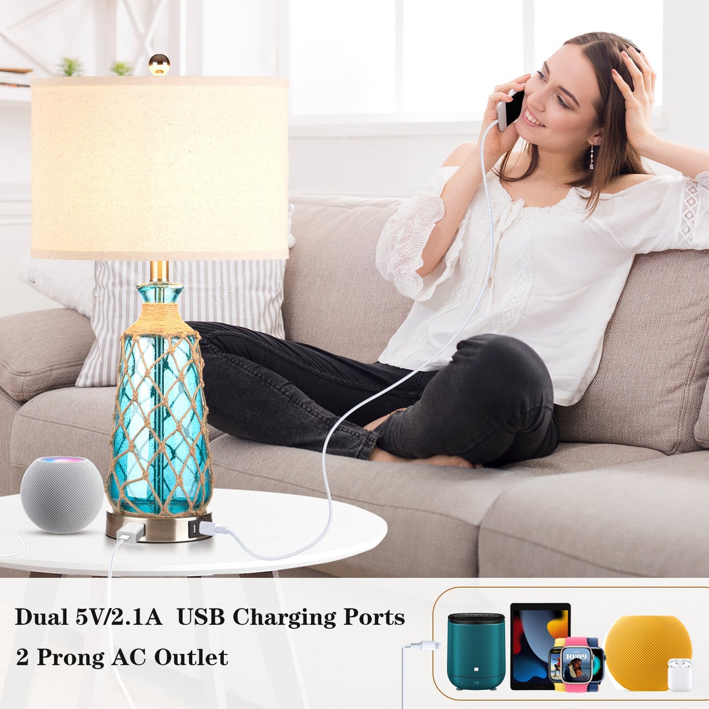 Blue Glass Rattan Table Lamp with 3-Way Dimming, USB Port and AC Outlet (Set of 2)