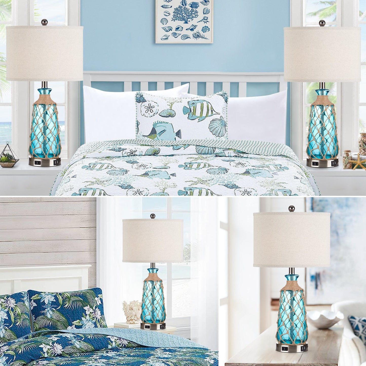 Blue Glass Rattan Table Lamp with 3-Way Dimming, USB Port and AC Outlet (Set of 2)