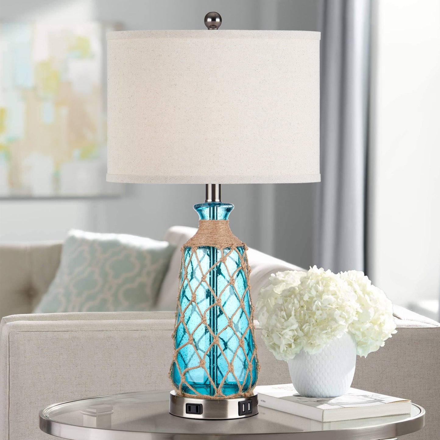 Blue Glass Rattan Table Lamp with 3-Way Dimming, USB Port and AC Outlet (Set of 2)