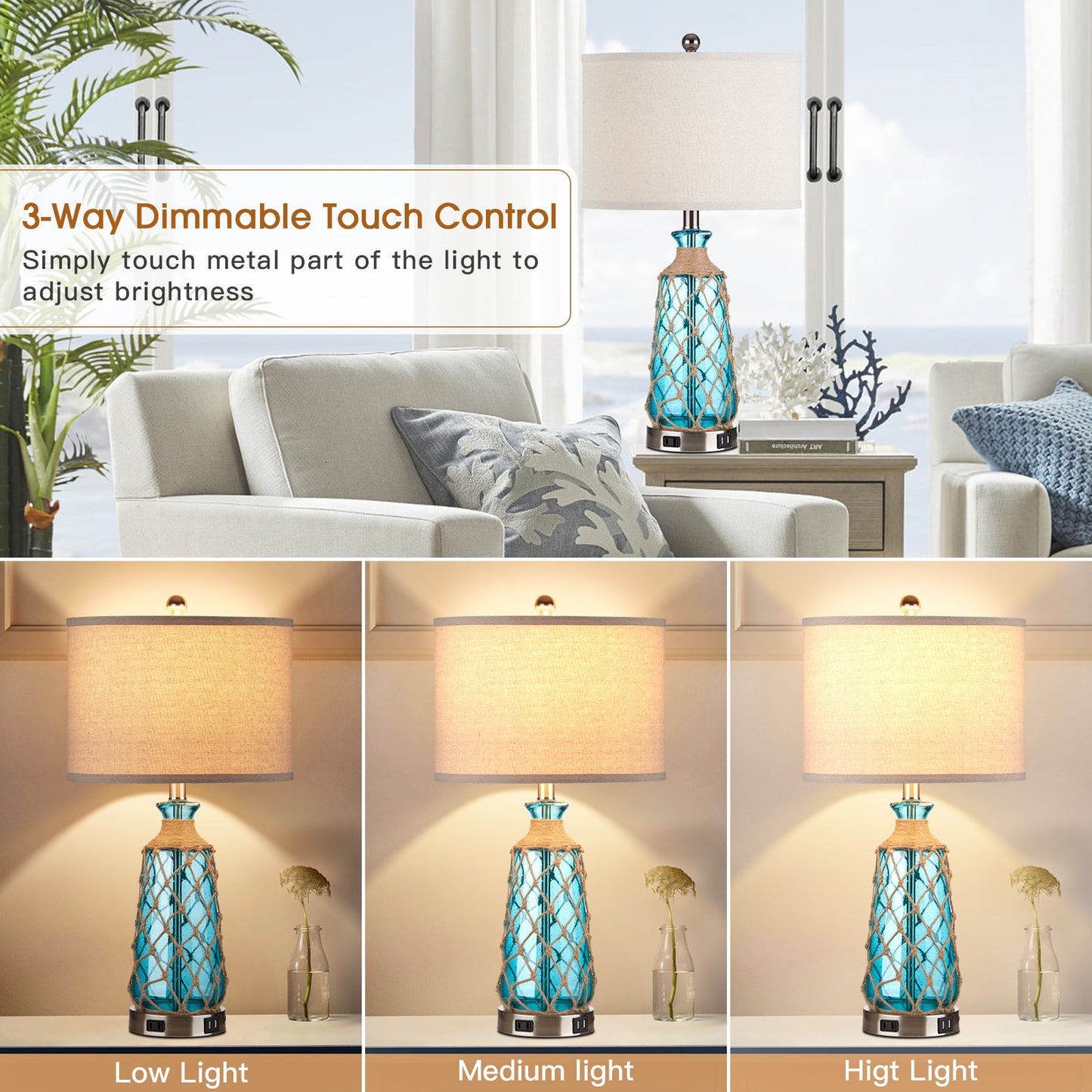 Blue Glass Rattan Table Lamp with 3-Way Dimming, USB Port and AC Outlet (Set of 2)